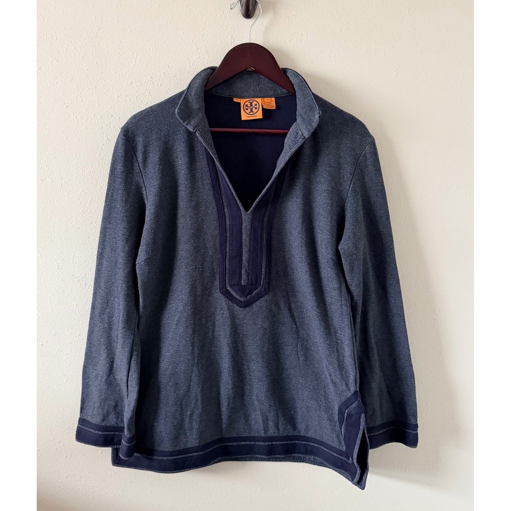 Tory Burch Navy Blue Gray Split Neck Tunic Top L Coastal Preppy Cotton